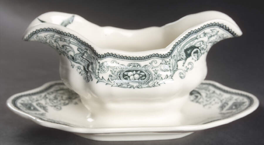 Game Birds Green Gravy Boat with Attached Underplate by Mason's-1