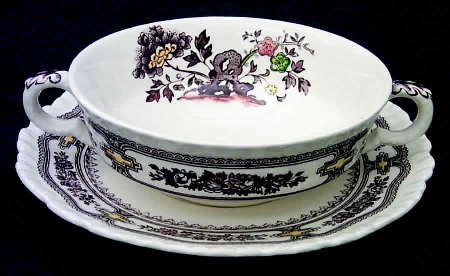 Manchu Brown Multicolor Footed Cream Soup Bowl & Saucer Set by Mason's-1