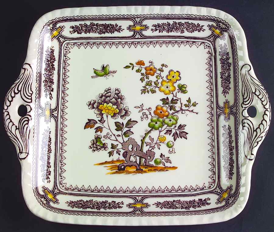 Manchu Brown Multicolor Square Handled Cake Plate by Mason's-1