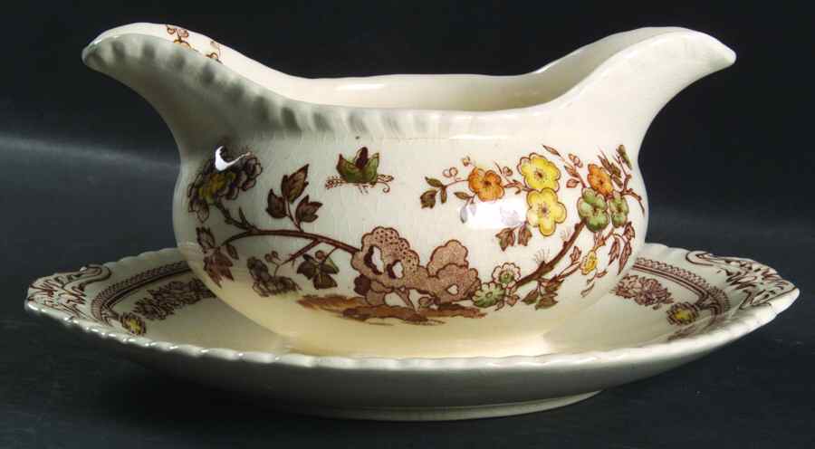 Manchu Brown Multicolor Gravy Boat with Attached Underplate by Mason's-1