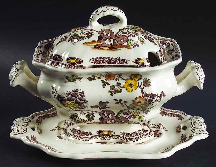 Manchu Brown Multicolor Sauce Boat & Lid with Underplate by Mason's-1
