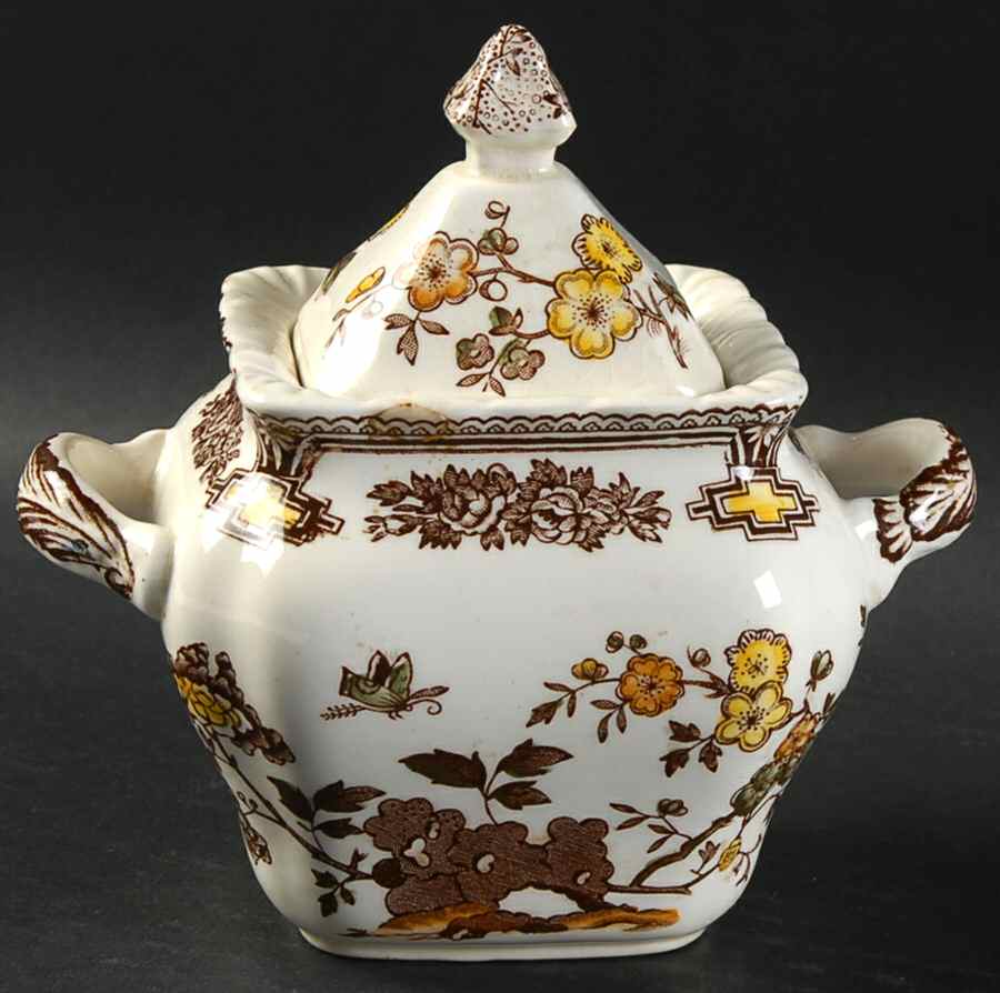 Manchu Brown Multicolor Square Sugar Bowl & Lid by Mason's-1