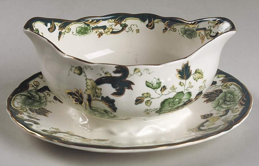 Mandalay Chartreuse (Gold Accent & Trim) Gravy Boat with Attached Underplate by Mason's-1