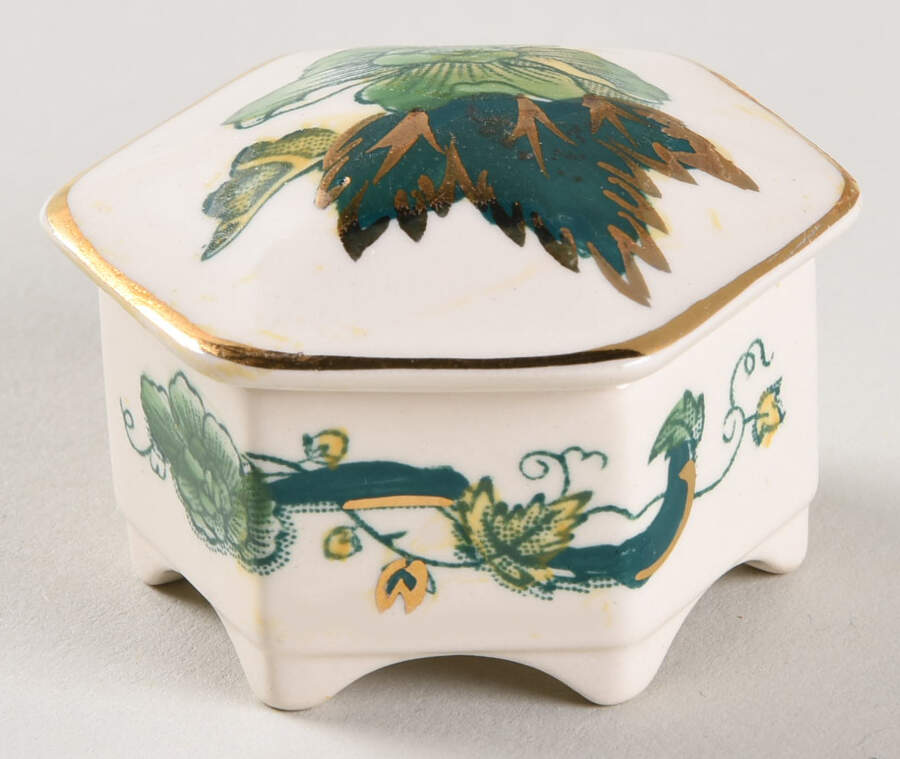Mandalay Chartreuse (Gold Accent & Trim) Miniature Hexagonal Box with Lid by Mason's-1