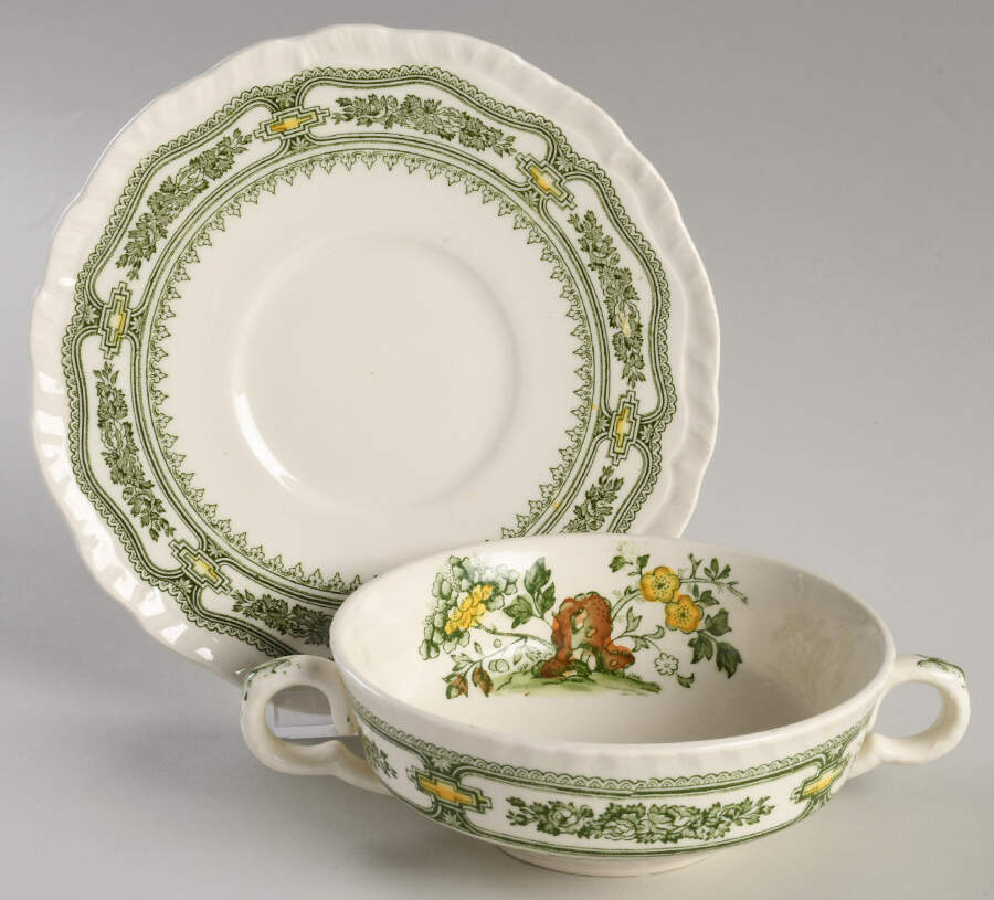 Manchu Green Multicolor Flat Cream Soup Bowl & Saucer Set by Mason's-1