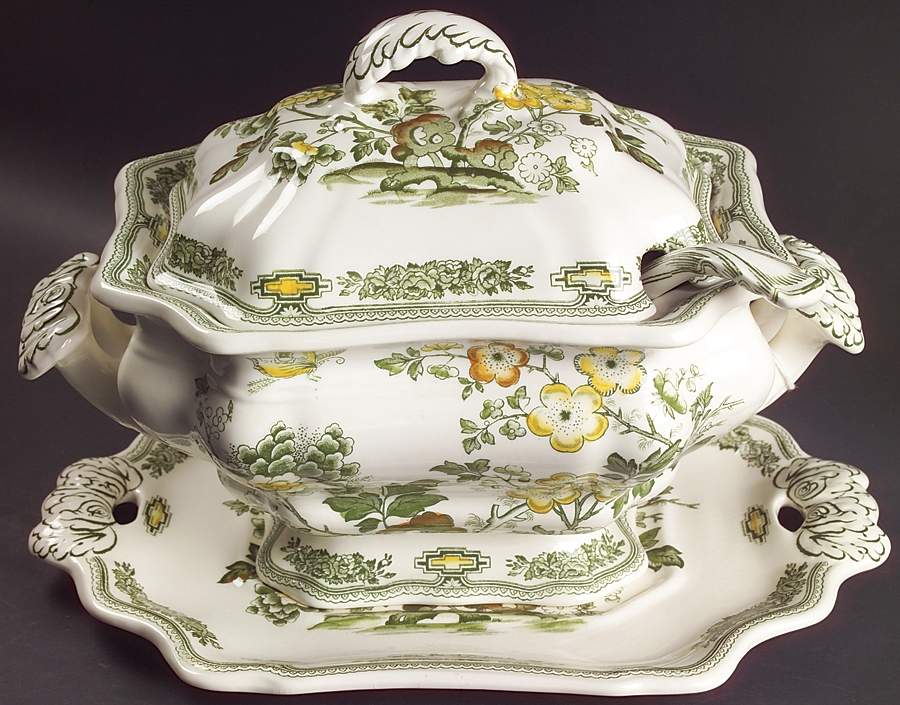 Manchu Green Multicolor Tureen & Lid w/Ladle & Underplate by Mason's-1