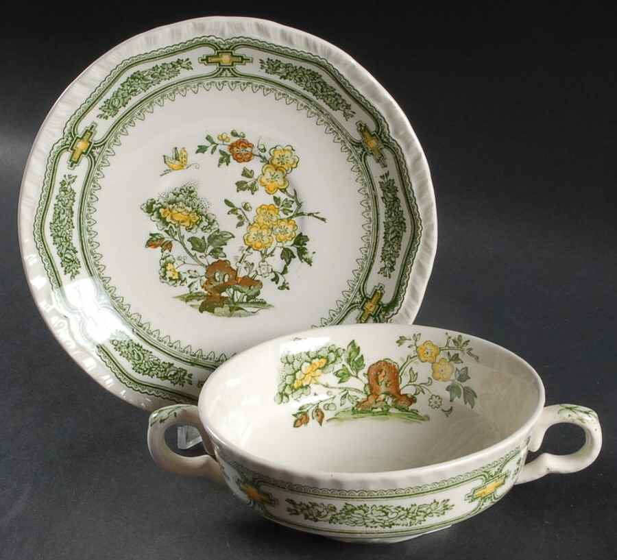 Manchu Green Multicolor Flat Cream Soup Bowl & Saucer Set by Mason's-1