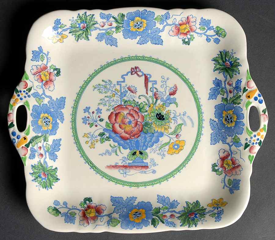 Strathmore Blue Multicolor Square Handled Cake Plate by Mason's-1