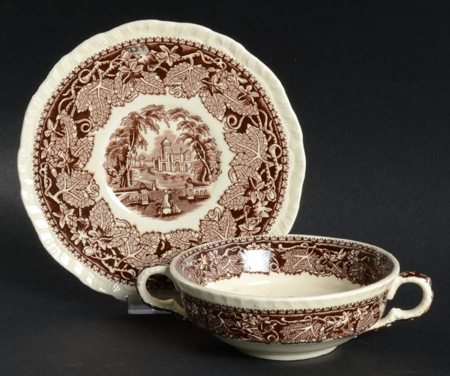 Vista Brown (No Trim) Flat Cream Soup Bowl & Saucer Set by Mason's-1