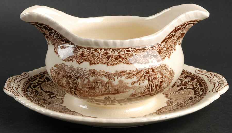 Vista Brown (No Trim) Round Gravy Boat/Attached Underplate by Mason's-1