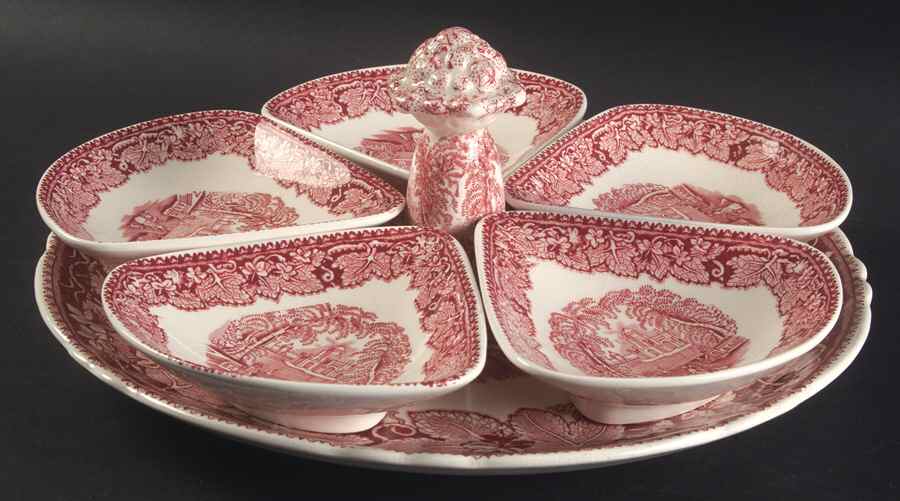 Vista Pink (No Trim) 6 Pc Relish Set (5 Tri Relish & Ctr Handle Tray) by Mason's-1