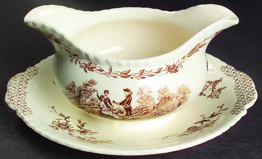 Watteau Brown Gravy Boat with Attached Underplate by Mason's-1