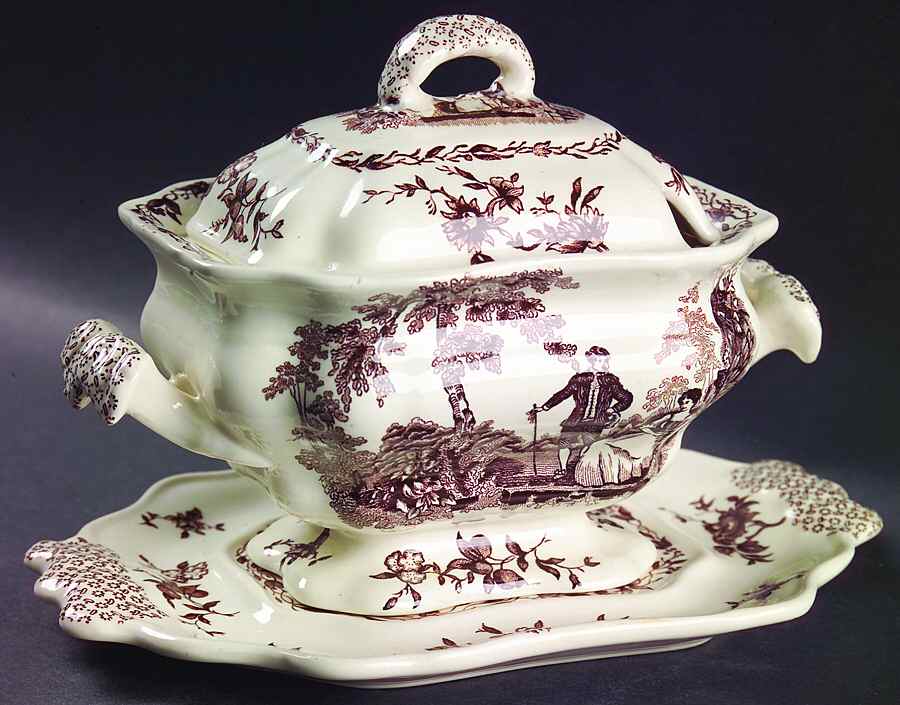 Watteau Brown Sauce Boat & Lid with Underplate by Mason's-1