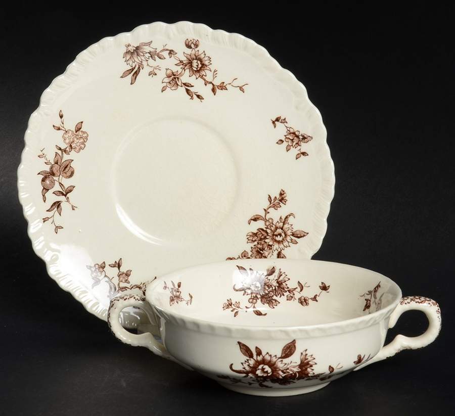 Watteau Brown Flat Cream Soup Bowl & Saucer Set by Mason's-1