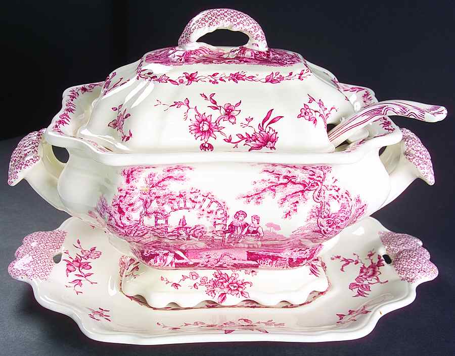 Watteau Pink Tureen & Lid w/Ladle & Underplate by Mason's-1