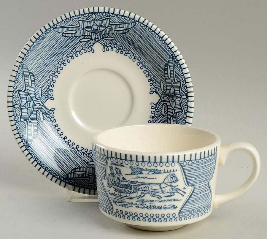 Currier and Ives Blue Flat Cup & Saucer Set by Nelson McCoy-1