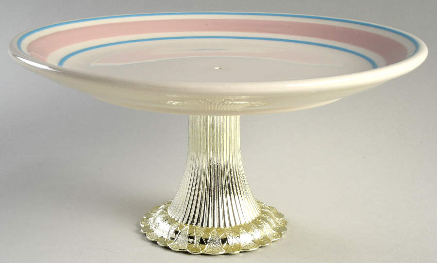 Pink & Blue Stripes Cake Stand with 4"-5" Metal Pedestal  Hc by Nelson McCoy-1