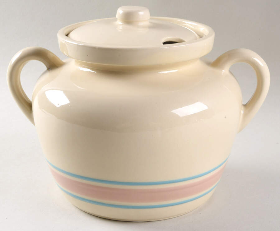 Pink & Blue Stripes Bean Pot & Lid by Nelson McCoy-1