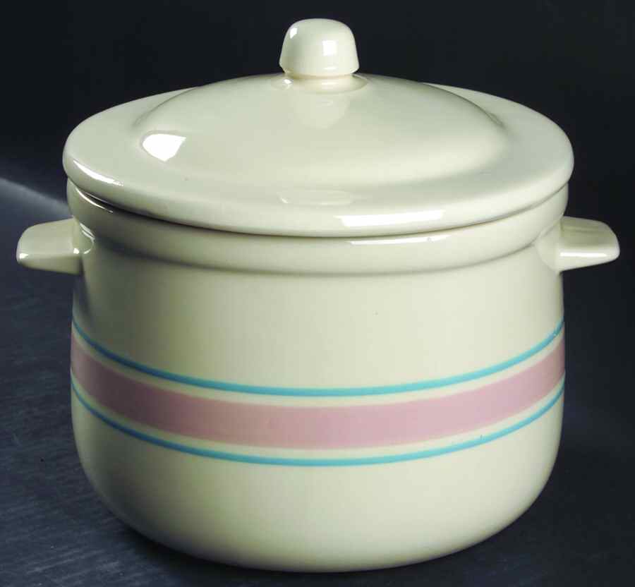 Pink & Blue Stripes 3.25 Quart Round Covered Casserole by Nelson McCoy-1