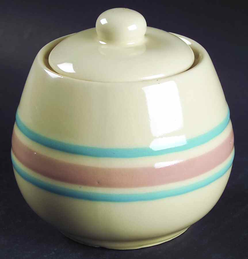 Pink & Blue Stripes Sugar Bowl & Lid by Nelson McCoy-1