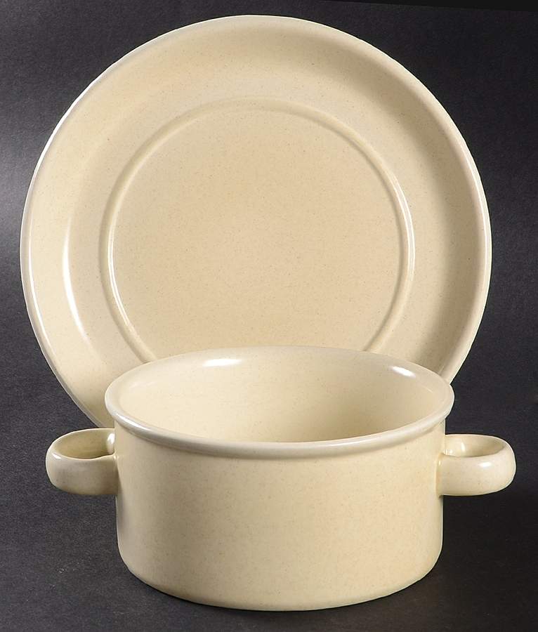 Beige Mist Flat Cream Soup Bowl & Saucer Set by W R Midwinter Ltd-1