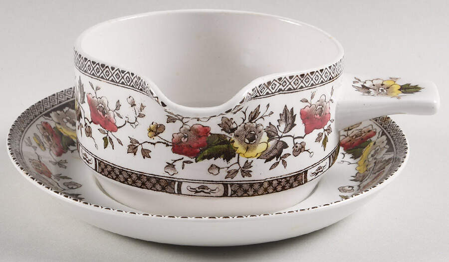 Jacobean Brown Multicolor Gravy Boat & Underplate by W R Midwinter Ltd-1