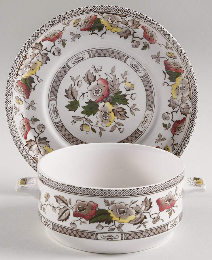 Jacobean Brown Multicolor Flat Cream Soup Bowl & Saucer Set by W R Midwinter Ltd-1
