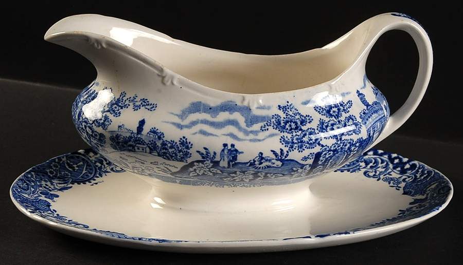 Landscape Blue Gravy Boat with Attached Underplate by W R Midwinter Ltd-1