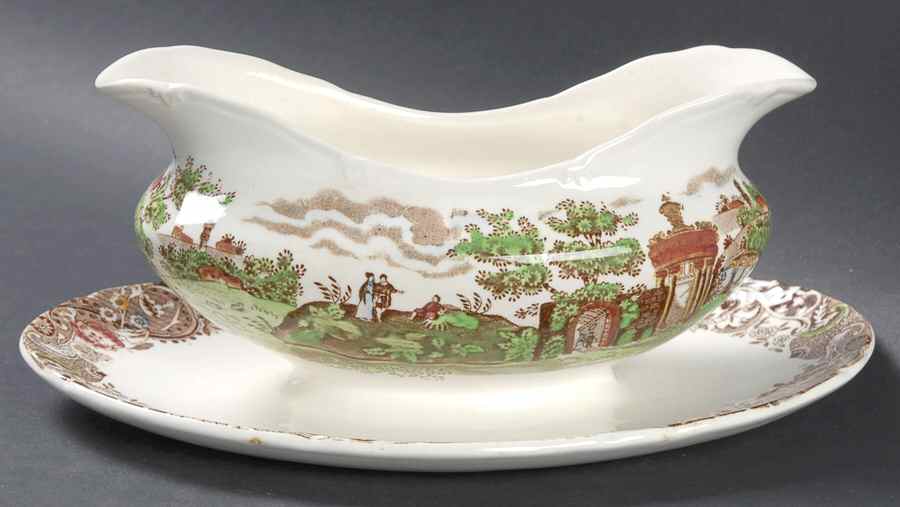 Landscape Brown Multicolor Gravy Boat with Attached Underplate by W R Midwinter Ltd-1