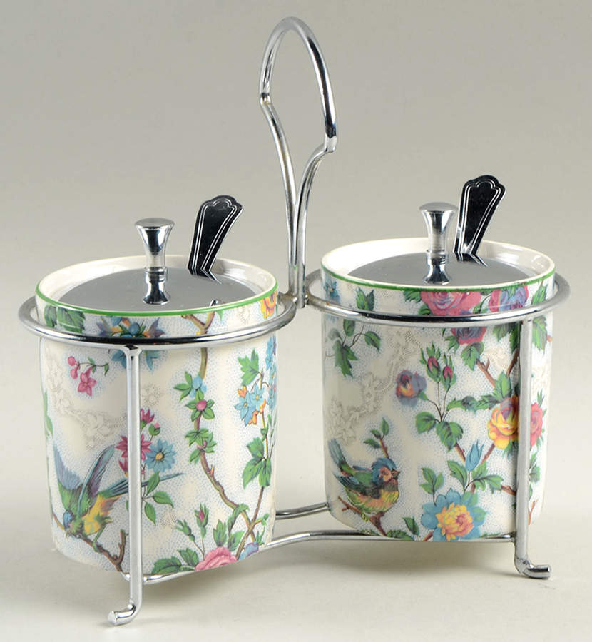 Lorna Doone 5 Pc Condiment Set, 2 Bowls with Lids on Metal Std by W R Midwinter Ltd-1