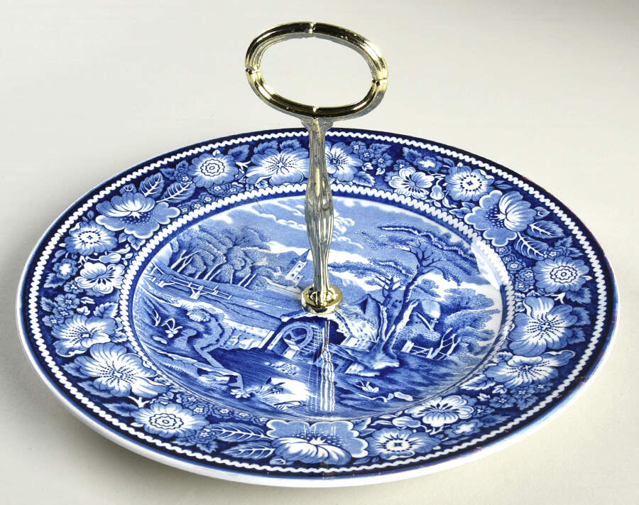 Rural England Blue Round Serving Plate with Center Handle (Dp) Hc by W R Midwinter Ltd-1