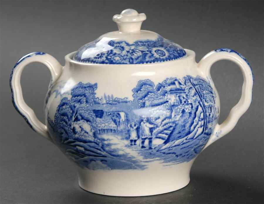 Rural England Blue Sugar Bowl & Lid by W R Midwinter Ltd-1