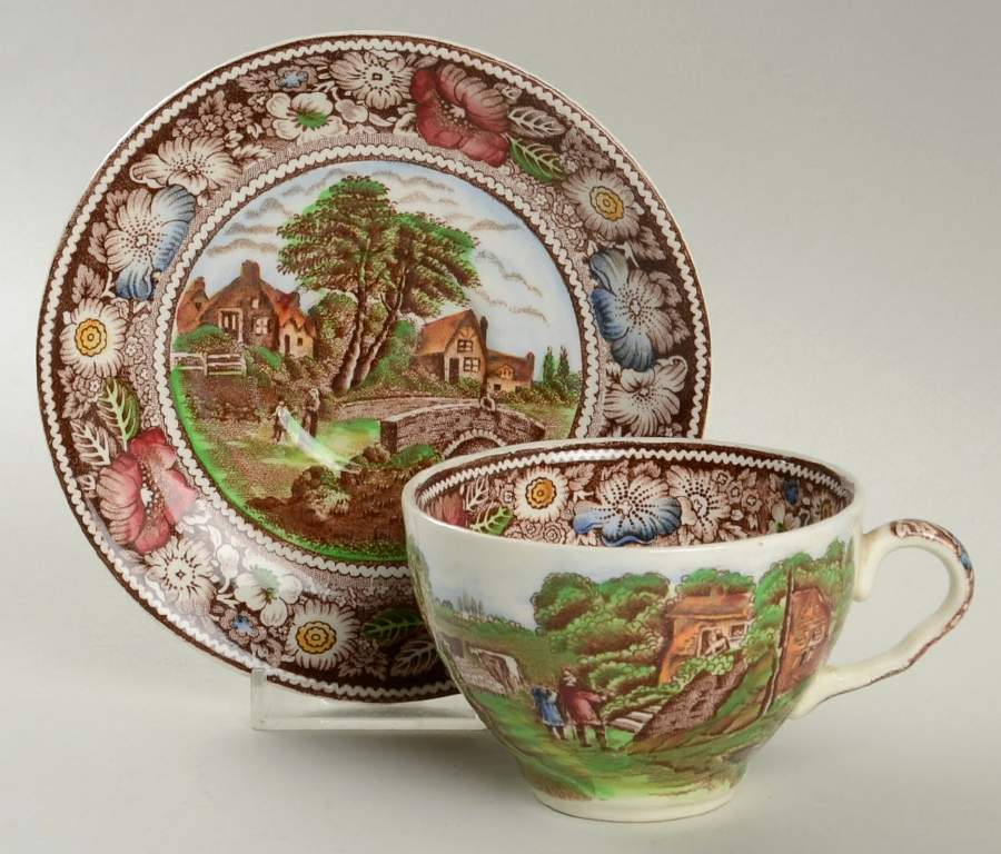 Rural England Brown Multicolor Flat Cup & Saucer Set by W R Midwinter Ltd-1