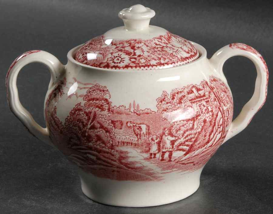 Rural England Red Sugar Bowl & Lid by W R Midwinter Ltd-1