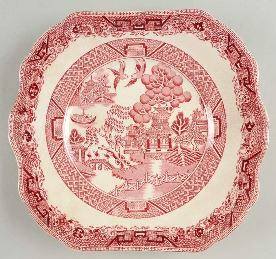Willow Red (Scalloped) Square Handled Cake Plate by W R Midwinter Ltd-1
