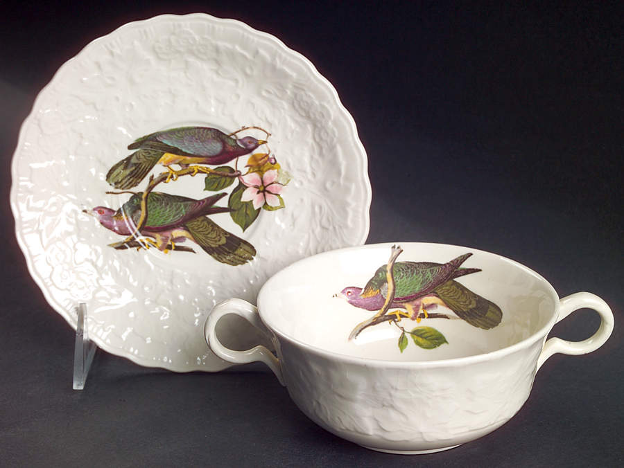 Birds of America (Embossed Floral Rim) Flat Cream Soup Bowl & Saucer Set by Alfred Meakin-1