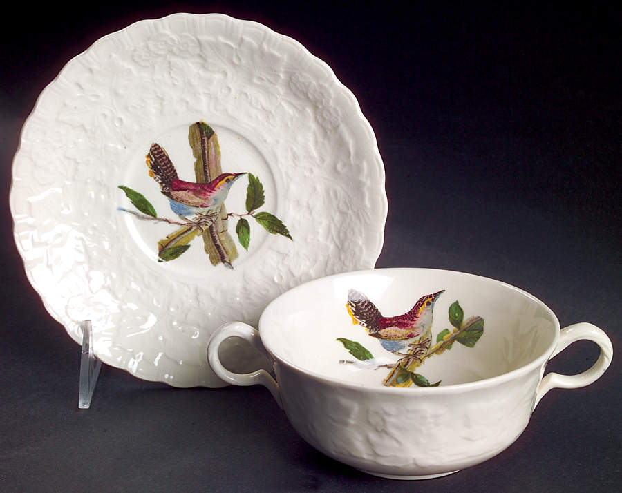 Birds of America (Embossed Floral Rim) Flat Cream Soup & Saucer Set by Alfred Meakin-1