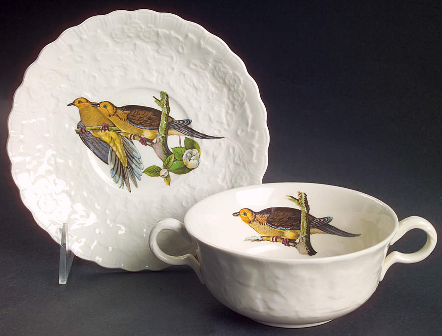 Birds of America (Embossed Floral Rim) Flat Cream Soup Bowl & Saucer Set by Alfred Meakin-1