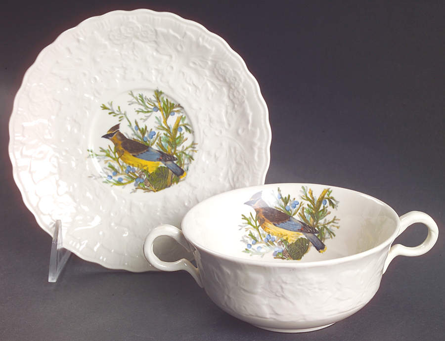 Birds of America (Embossed Floral Rim) Flat Cream Soup Bowl & Saucer Set by Alfred Meakin-1