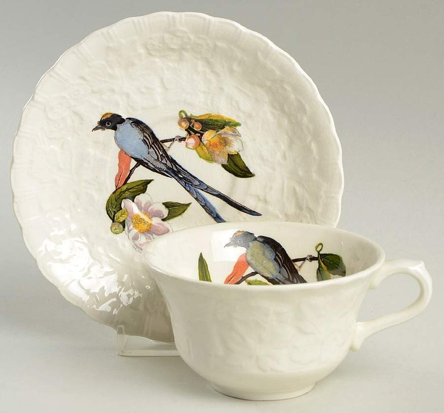Birds of America (Embossed Floral Rim) Flat Cup & Saucer Set by Alfred Meakin-1