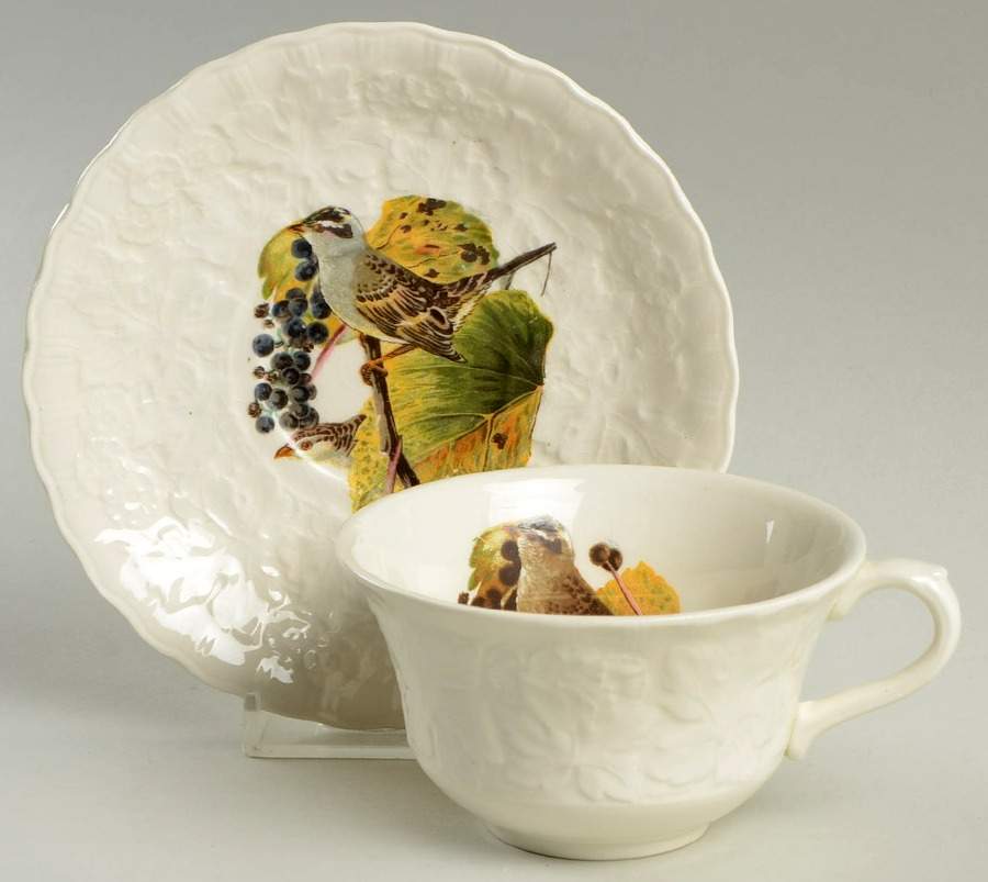 Birds of America (Embossed Floral Rim) Flat Cup & Saucer Set by Alfred Meakin-1