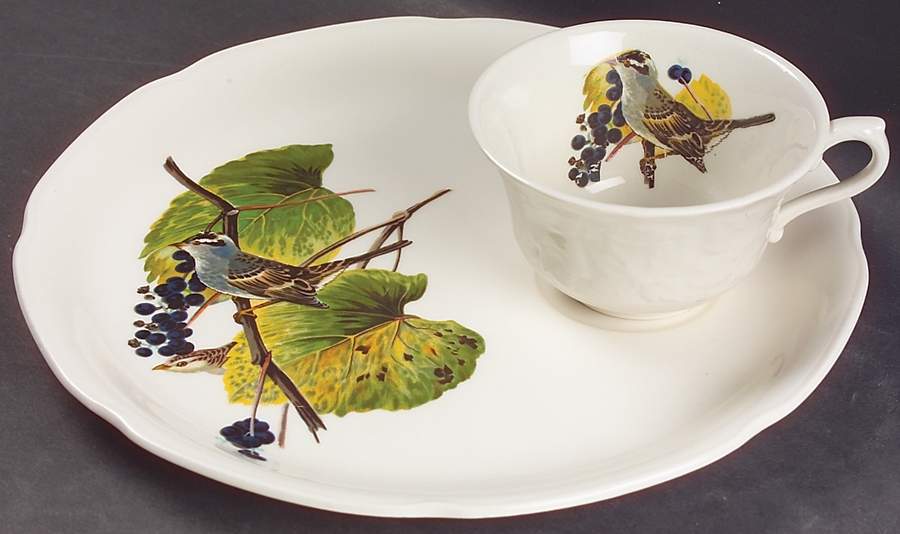 Birds of America (Embossed Floral Rim) Snack Plate & Regular Flat Cup by Alfred Meakin-1