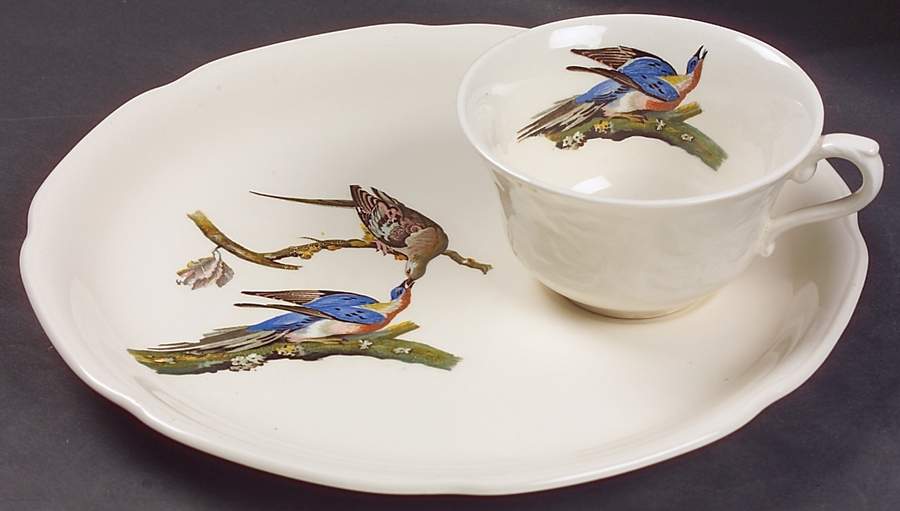 Birds of America (Embossed Floral Rim) Snack Plate & Regular Flat Cup by Alfred Meakin-1