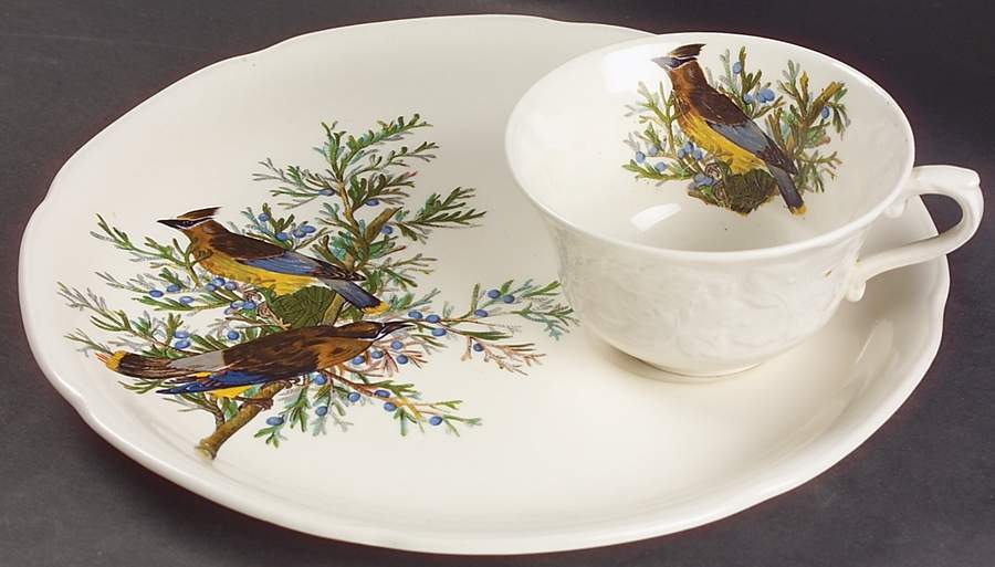 Birds of America (Embossed Floral Rim) Snack Plate & Regular Flat Cup by Alfred Meakin-1