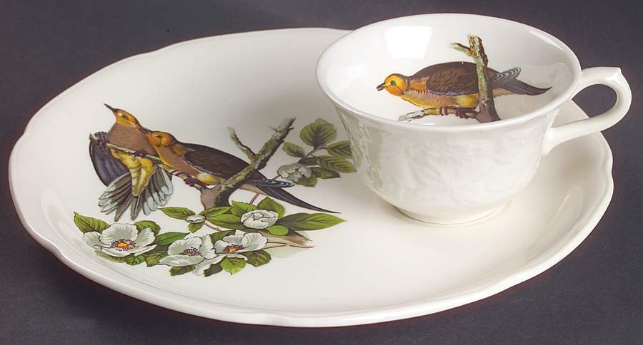 Birds of America (Embossed Floral Rim) Snack Plate & Regular Flat Cup by Alfred Meakin-1