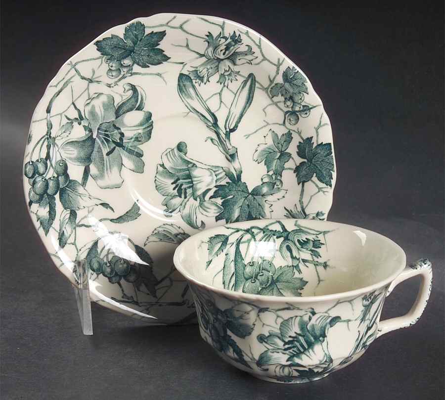 Bourbon Lily Green Flat Cup & Saucer Set by Alfred Meakin-1