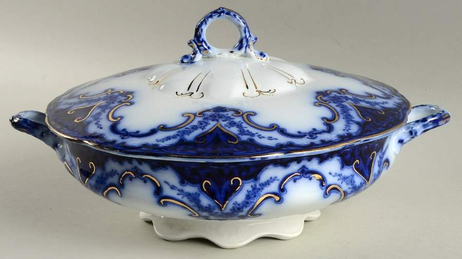 Cambridge (Flow Blue) Round Covered Vegetable by Alfred Meakin-1