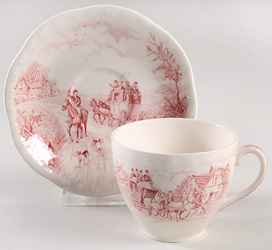 Devonshire Road Red Flat Cup & Saucer Set by Alfred Meakin-1