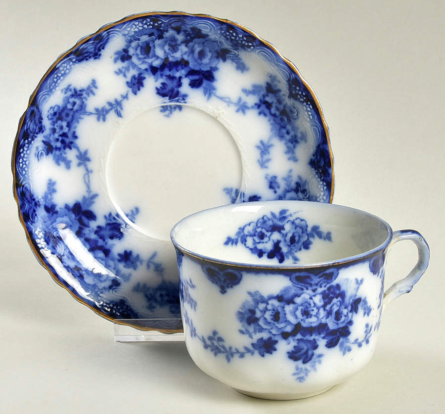 Devon (Flow Blue, Gold Trim) Flat Cup & Saucer Set by Alfred Meakin-1