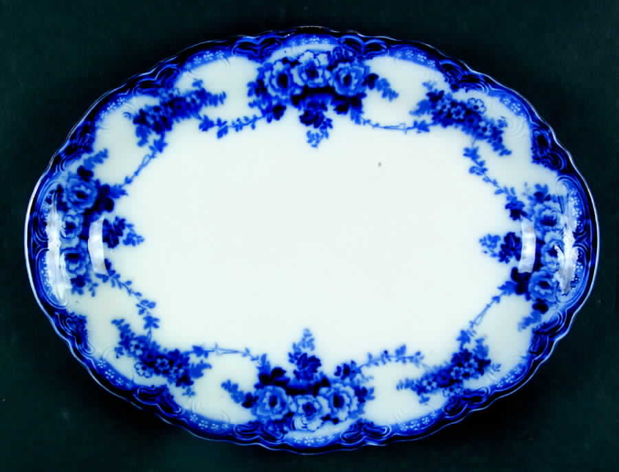 Devon (Flow Blue, Gold Trim) 12" Oval Serving Platter by Alfred Meakin-1